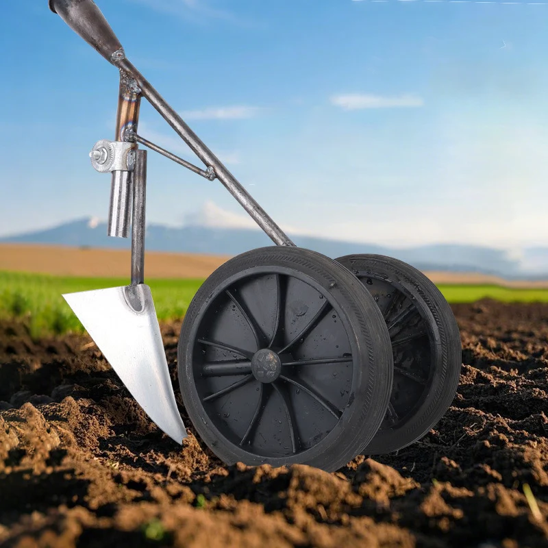 Multifunctional Triangle Manual Grain Digging Tool with Wheels, Agriculture Hand Tool for Weed Loosen Soil