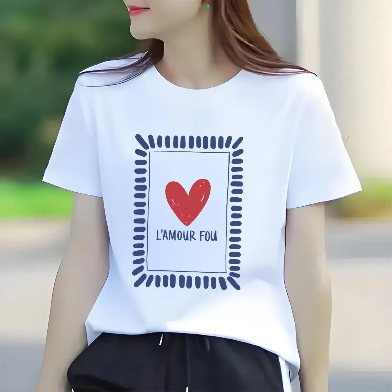 Modieus T-shirt met liefdespatroon, casual, korte mouwen, ronde hals, geschikt voor alle seizoenen, veelzijdig dames-T-shirt