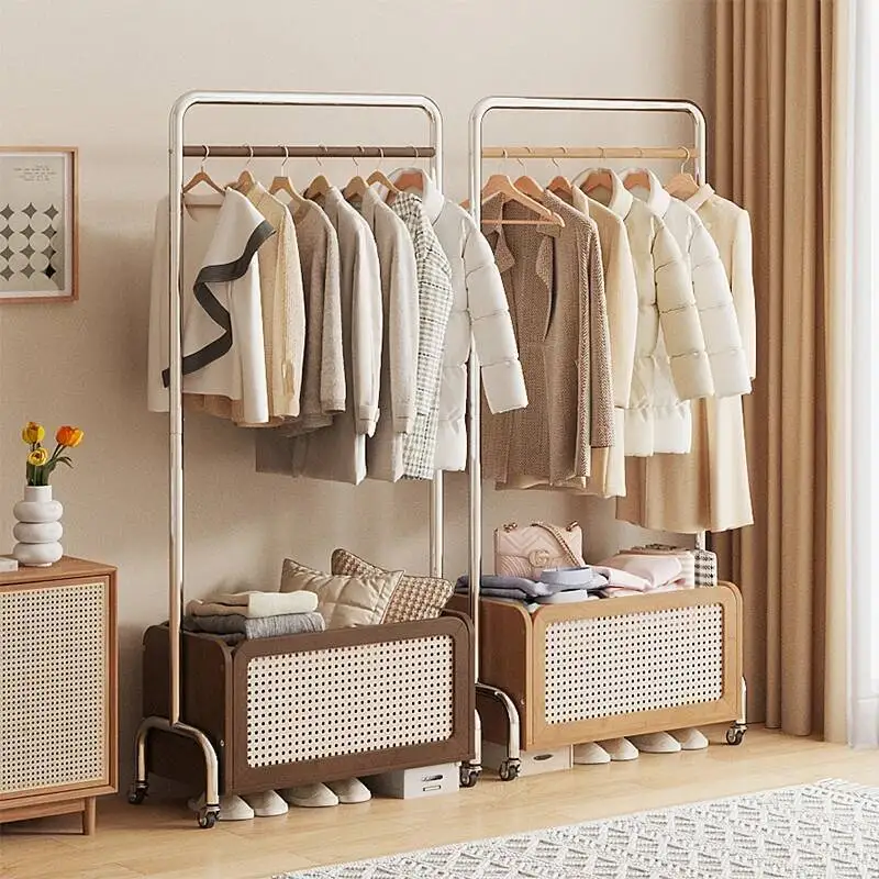

Multi functional Wooden Coat Rack Bedroom Clothes Hanger Storage Basket With Universal Wheel Home Wardrobe Furniture
