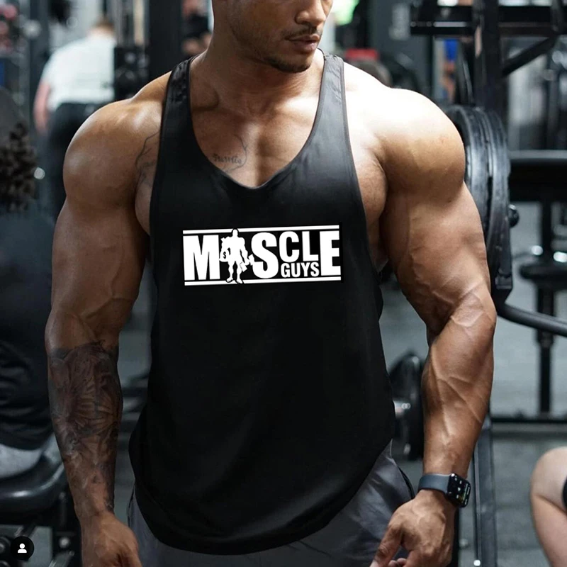Muscleguys Mens Cotton Gym Stringer Tank Tops Deep Low Scoop Neck Y-Back Racerback Design Graphic Print Workout Sleeveless Vest