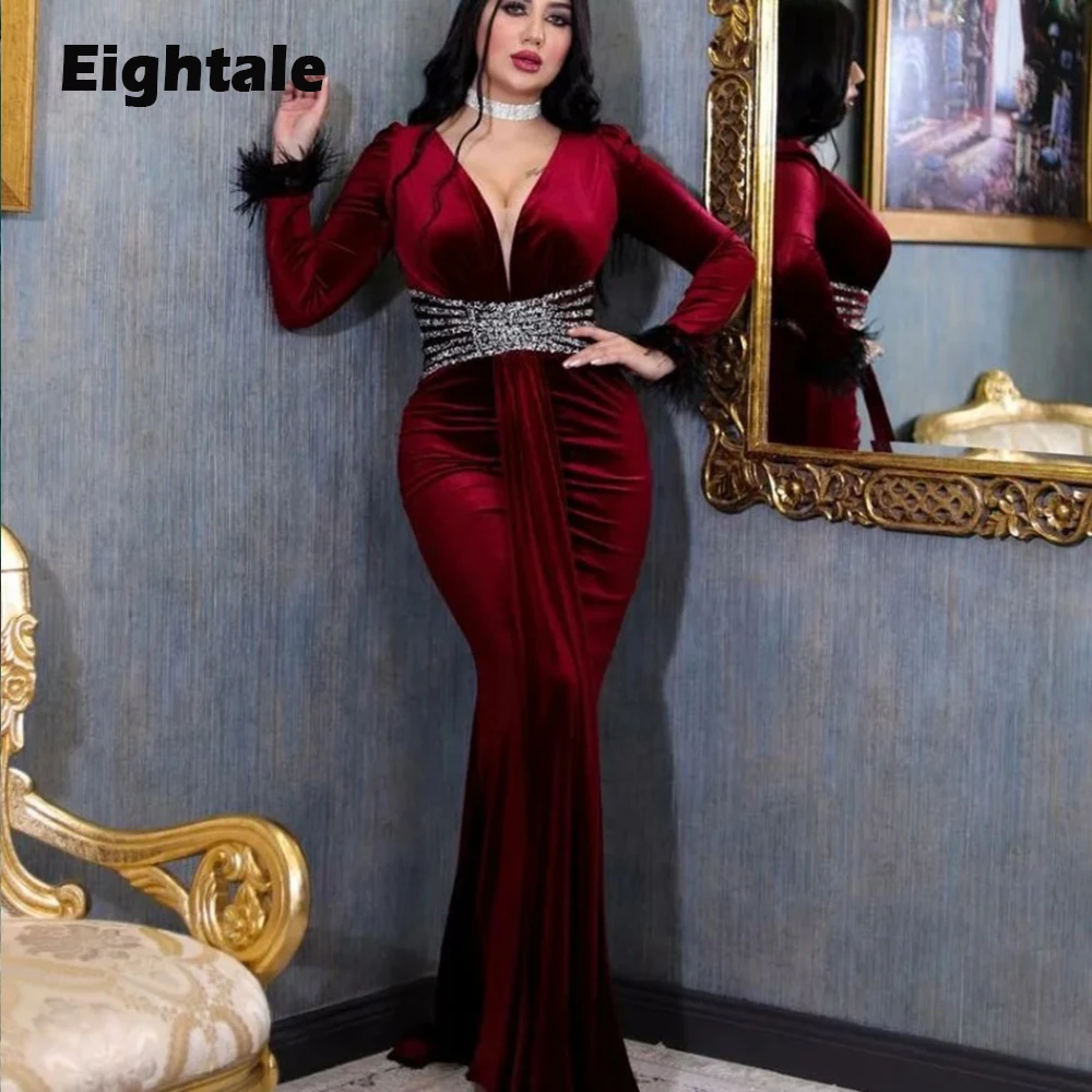 

Eightale Plus Size Evening Dress for Wedding Party V-Neck Beaded Feather Long Sleeves Mermaid Velvet Arabic Prom Gowns