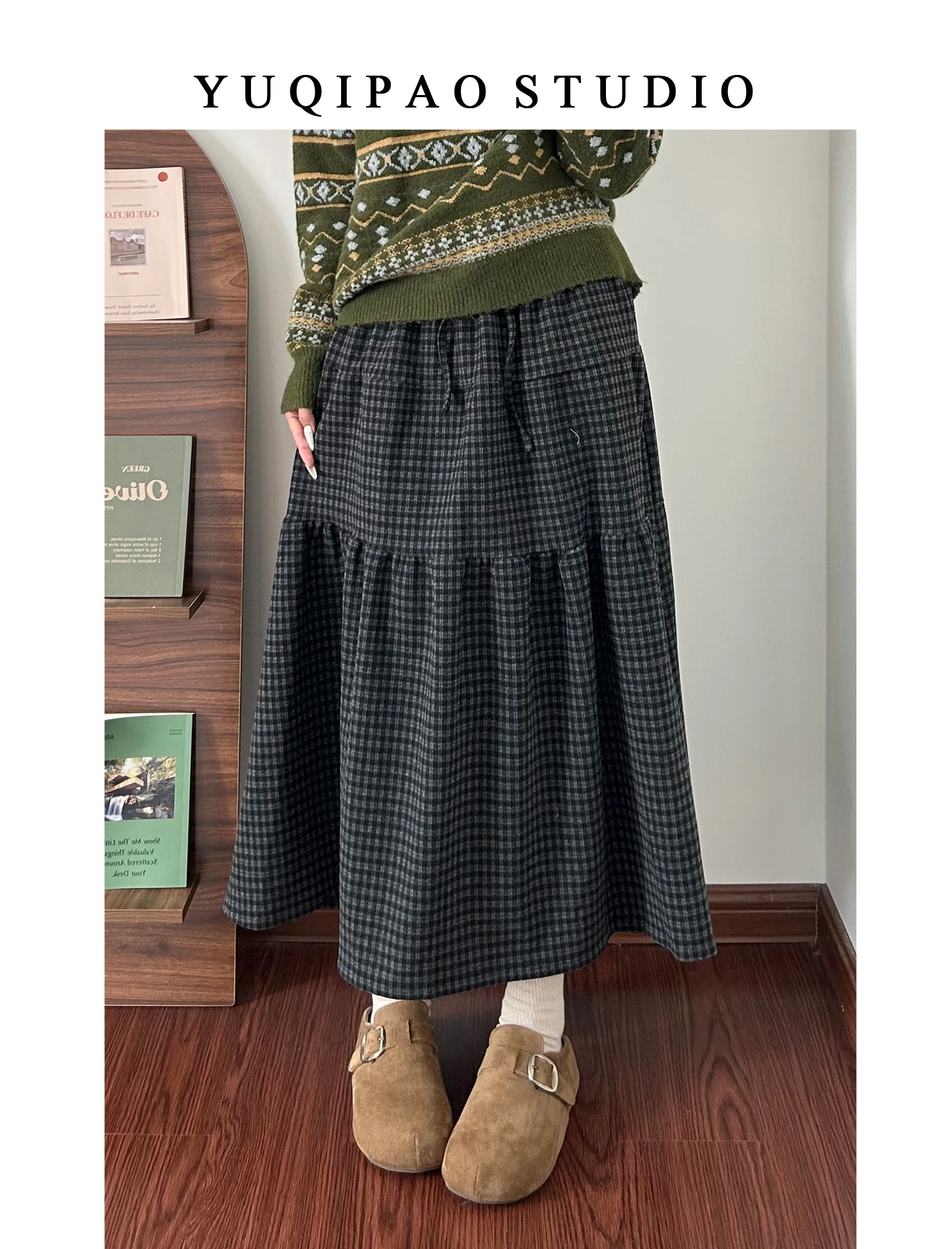 

plus Size Women's Vintage Bla Plaid Midi Skirt Slimming A-Line Hip Covering Winter Thiened Elastic Waist Casual Skirt