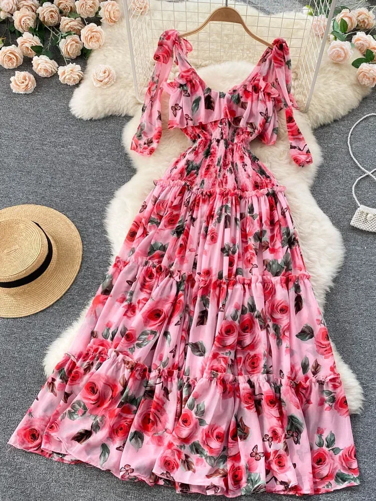 Beach Dresses Women Show Thin Seaside Holiday Maxi Pleated Long Super Fairy Chiffon Print Vestidos D968