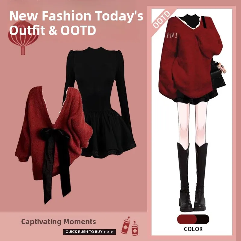 

Christmas New Year Women's Red Knitted Sweater Dress Two-Piece Set Casual Style Long Sleeve Knot Autumn Winter Fashion
