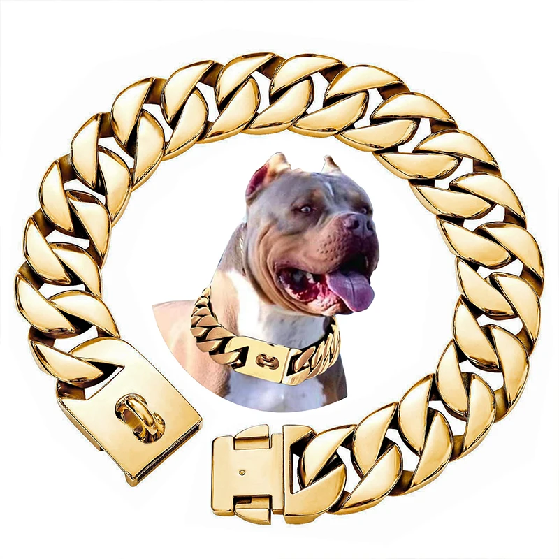 

Big Dog Chain Collar with Buckle Strong Heavy Duty 32MM Thick Wide Stainless Steel Metal Cuban Link Chain Collar for Large Dogs