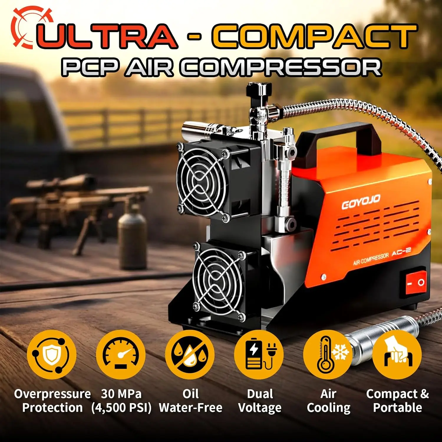 GOYOJO High Pressure Air Compressor 30 MPa 4500Psi Tank Compressor 110V/120V AC with Converter PCP Oil-Free Bicycle Pump for PCP Airguns & HPA Paintball Tanks power socket and car battery power supply
