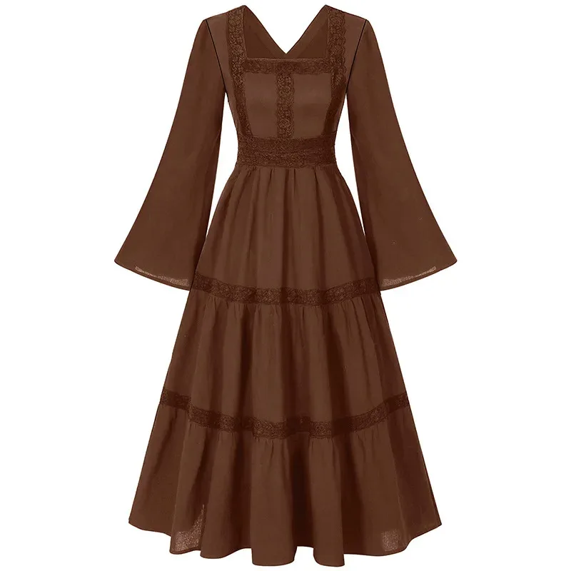 

Women Vintage Medieval Dress Lace Trim Victorian Style Square Neck Long Sleeve Lolita Costume Renaissance Solid Color Vestido
