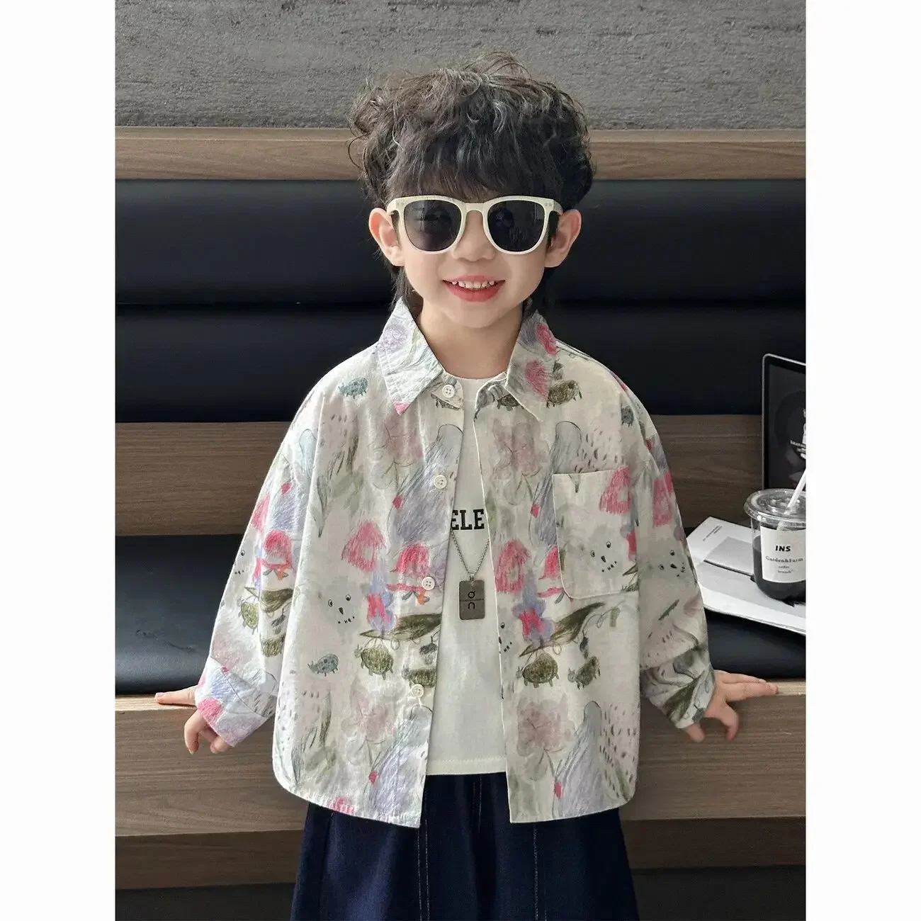 

Boys' Flower Shirt 2026 New Children's Spring and Autumn Vintage Graffiti Shirt Baby Long Sleeve Thin Top 90-140CM