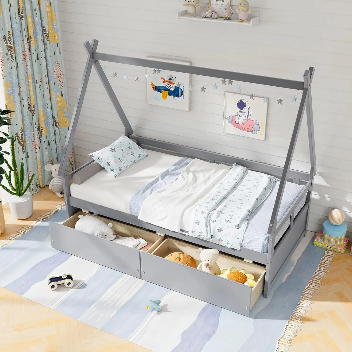 Drawers, Wood Montessori House Tent Bed Frame with Safety Guardrail, Low Teepee Bed with Wood Slat Support for Boys Girls Teens,