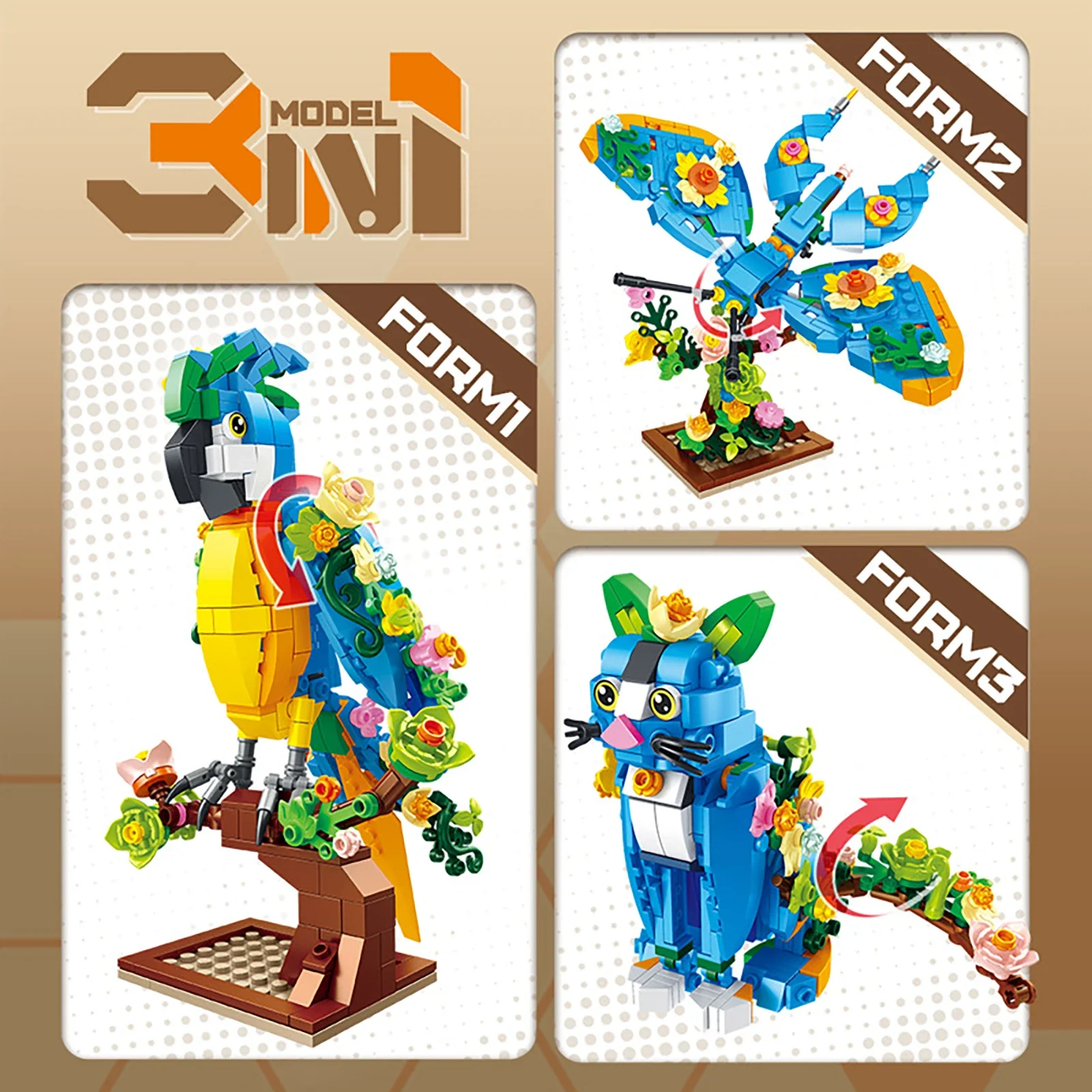 

FC1051 408pcs 3-in-1 Creative Transformable Building Blocks Toy - Parrot/Butterfly/Cat Bird Model Stem Bricks DIY Set Kids Gift