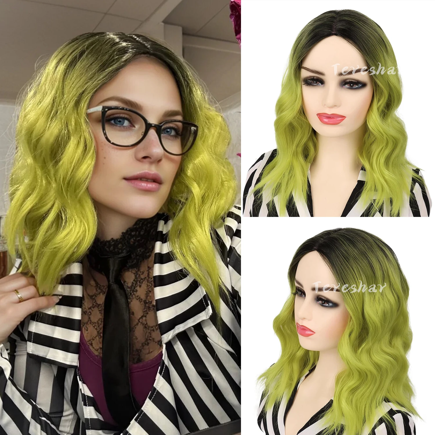 Synthetic Green Bob Wig for Women Short Wavy Curly Wig Dark Roots Shoulder Length Colorful Ombre Wig Party Halloween Cosplay Wig