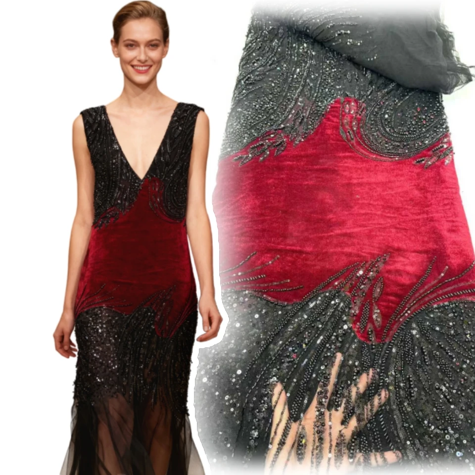 

Velvet Luxury Unique New Fashion Design Fabric Handmade Embroidery Net Lace Full Beads Making Women Wedding Dress Sewing SZ1832