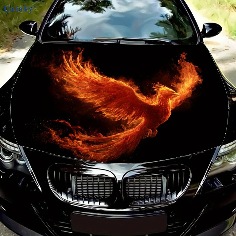 

Flying Flame Phoenix Car Hood Decal - Black With Realistic Patterns Design, Durable Vinyl Wrap For Most Vehicles, Aggressive Eng