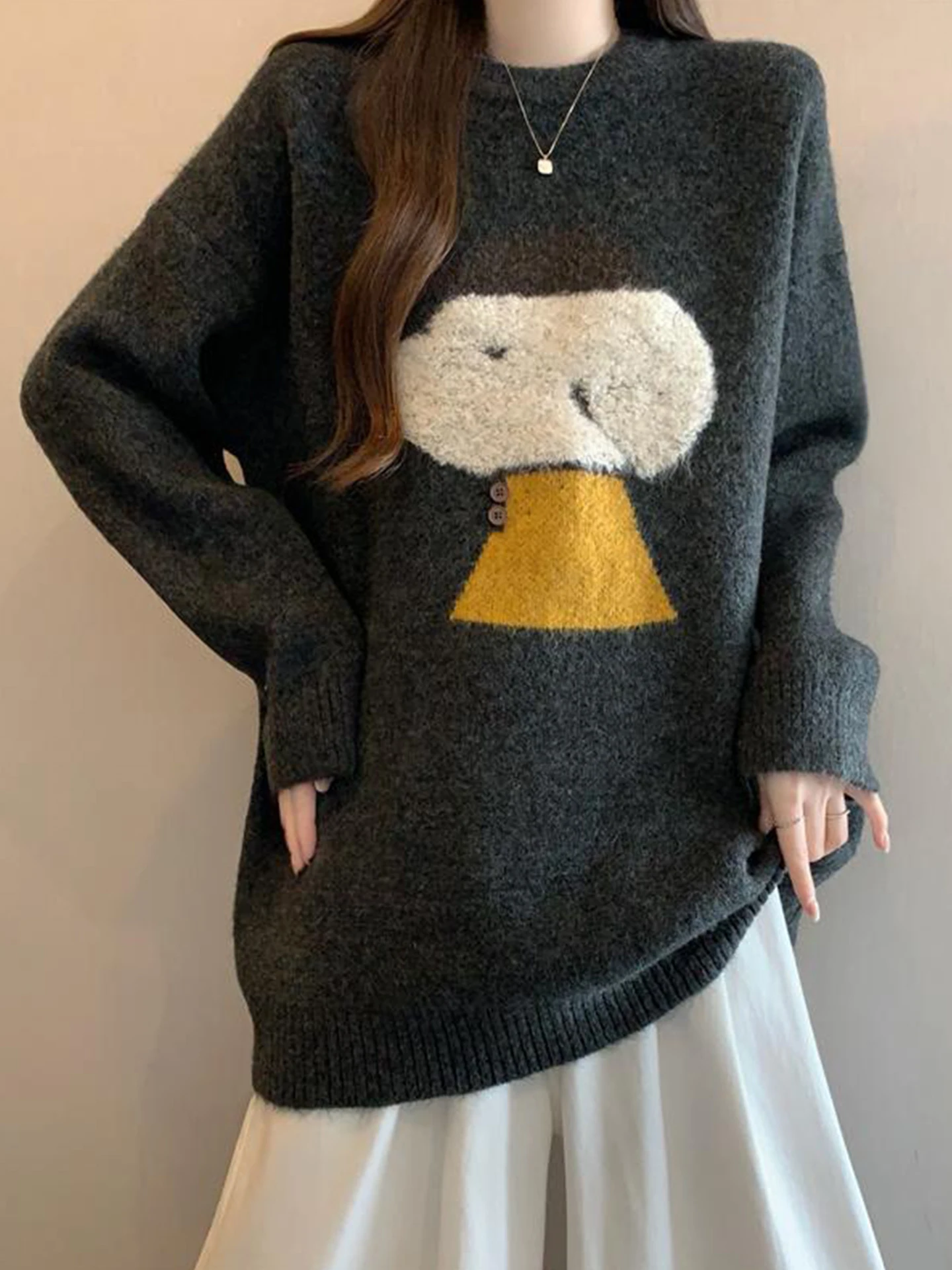 

Korean Sle Cartoon Dog Embroidered Knit Sweater Women's Autumn Winter plus Size Loose Slimming Thiened Materni Sweater