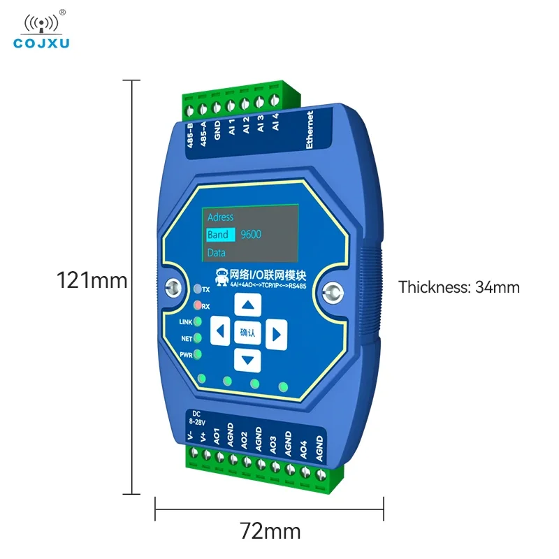 Imagem -02 - Módulo de Rede de Exibição Oled Modbus Tcp Rtu Modbus Gateway e s 4ai Mais 4ao 020ma Rj45 Rs485 Cojxu Me31-xaxa0404 dc 8-28v