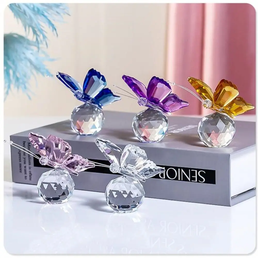 New Crystal Butterfly with Ball Figurine Home Wedding Decoration Glass Craft Collection Paperweight Table Ornaments