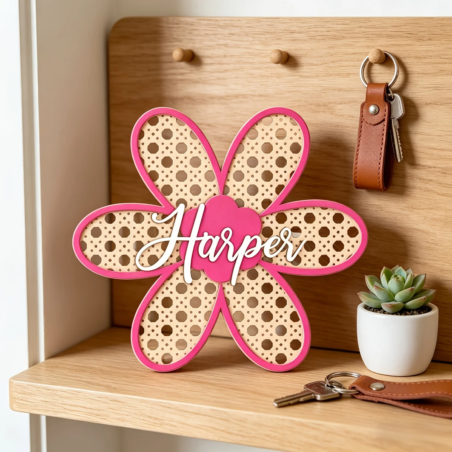 Personalized Boho Rattan Flower Name Sign, Customizable Pink Door Plaque, Nursery Bedroom Decor, Lovely Keepsake - view 6