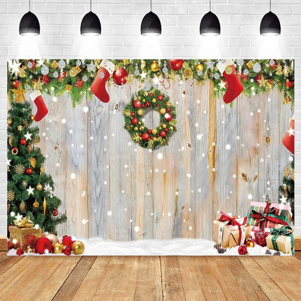 Wooden Board Christmas Backdrop Photography Xmas Rustic Wood Wall Snow Glitter Tree Balls Family Party Photo Background Props