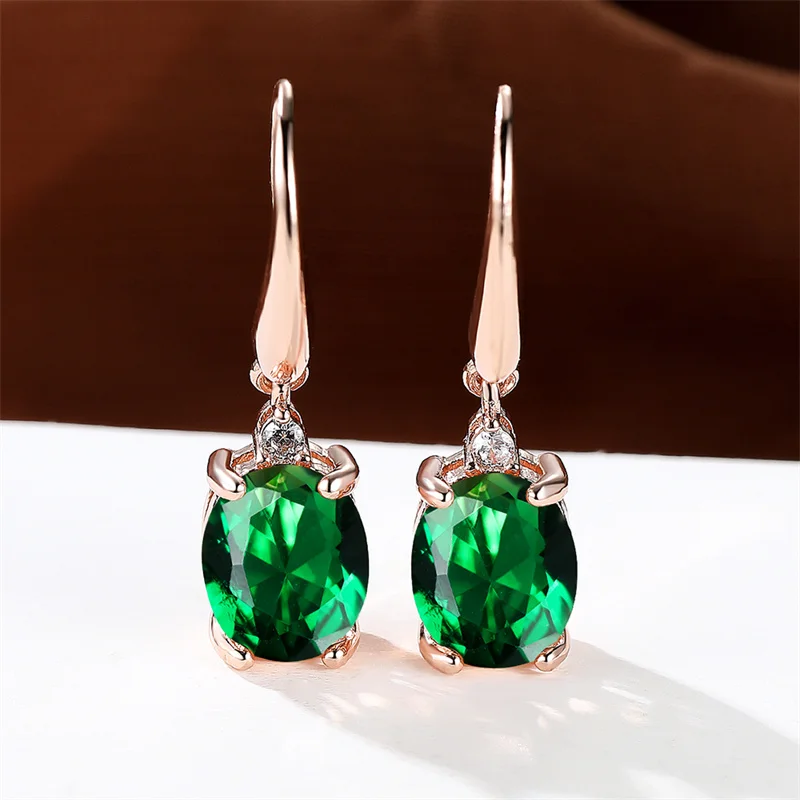 Female Crystal Green Red Oval Stone Zircon Earring Rose Gold Color Long Dangle Wedding Jewelry For Women