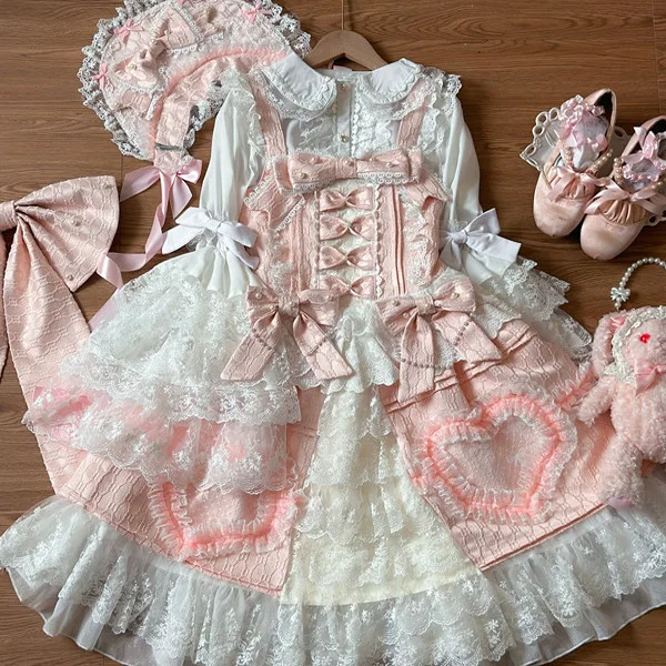 오리지널 디자인 일본 로리타 Jsk 서스펜더 드레스 스위트 소녀 여성 긴 소매 이너 셔츠 귀여운 공주 슬링 케이크 드레스