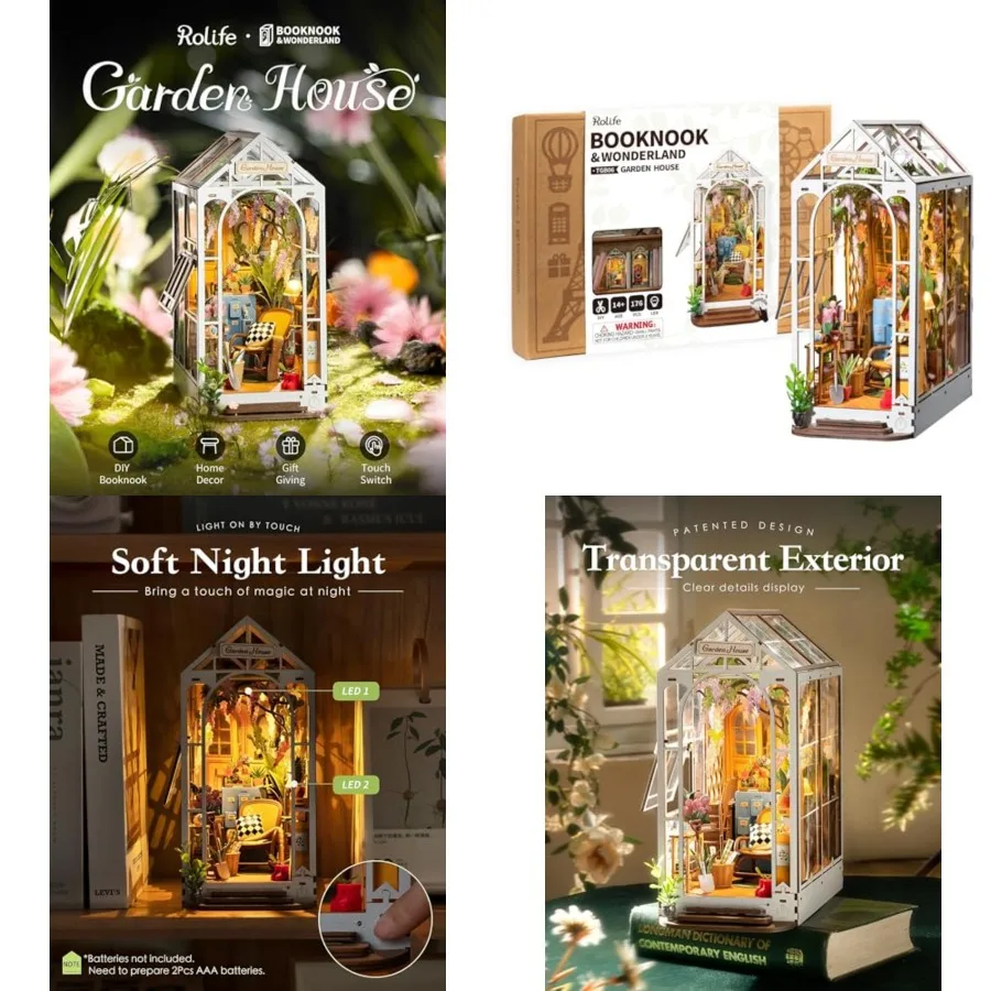 

DIY Book Nook Kits for Adults-Garden House Bookshelf Insert Booknook-3d Puzzle Dollhouse Room Decor for Teen Girls Boys Women M