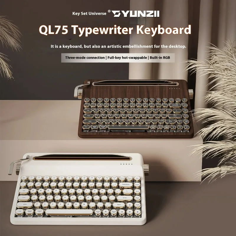 YUNZII QL75 máquina de escribir Teclado mecánico inalámbrico triodo intercambiable en caliente teclados de oficina Retro RGB Mac/Android/Linux/iOS/Windows