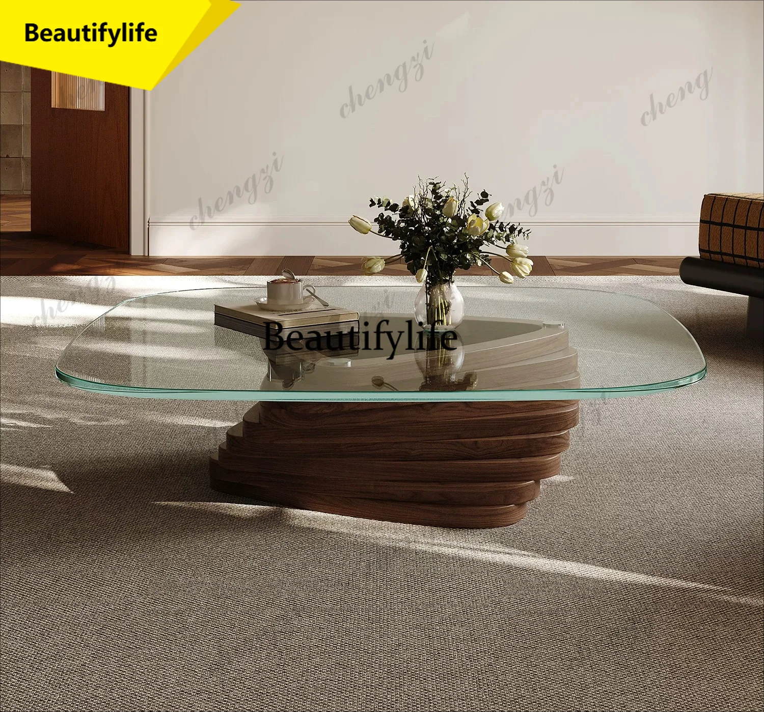

A17 Vintage-style coffee table, square living room glass, light luxury and high-end design, designer solid wood