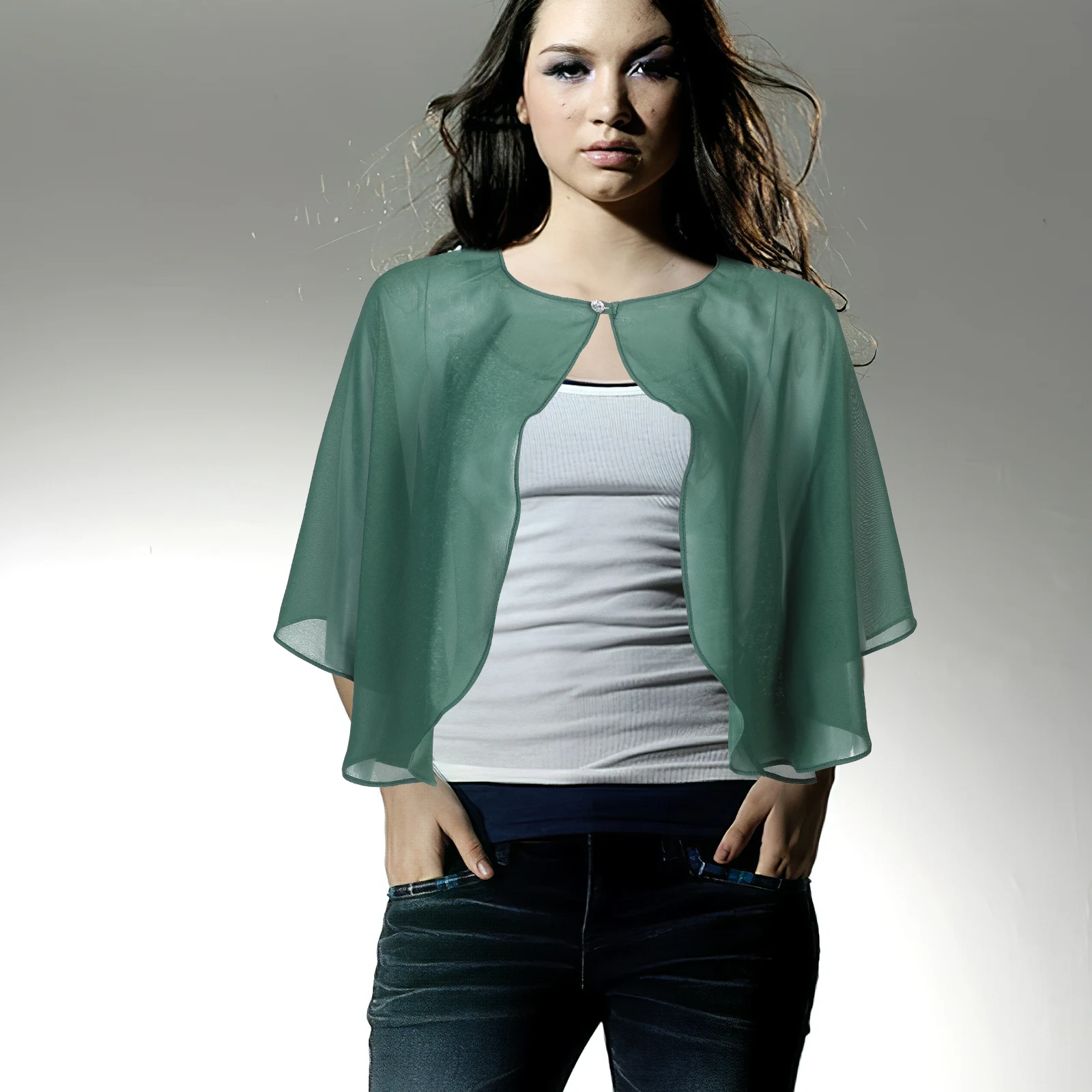 

One Button Shawl Dark Green Lightweight Fabric Women Formal Bride Dress Cover Up UV Protection Polyester Thin Section