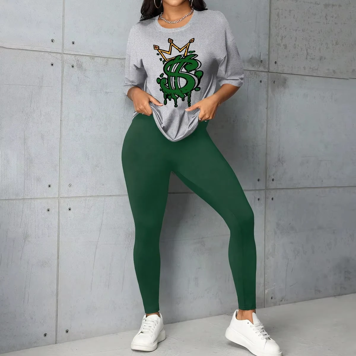 Green Dollar Sign Crown Graphic T-Shirt, Dripping Money Print with Gold Crown, Streetwear Tee for Hip Hop & Urban Fashion Lovers - view 5