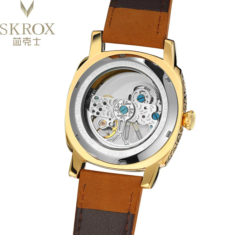 SKROX Original transparente esqueleto reloj mecánico automático hombre reloj de oro marca superior de lujo raro elegante reloj de pulsera reloj