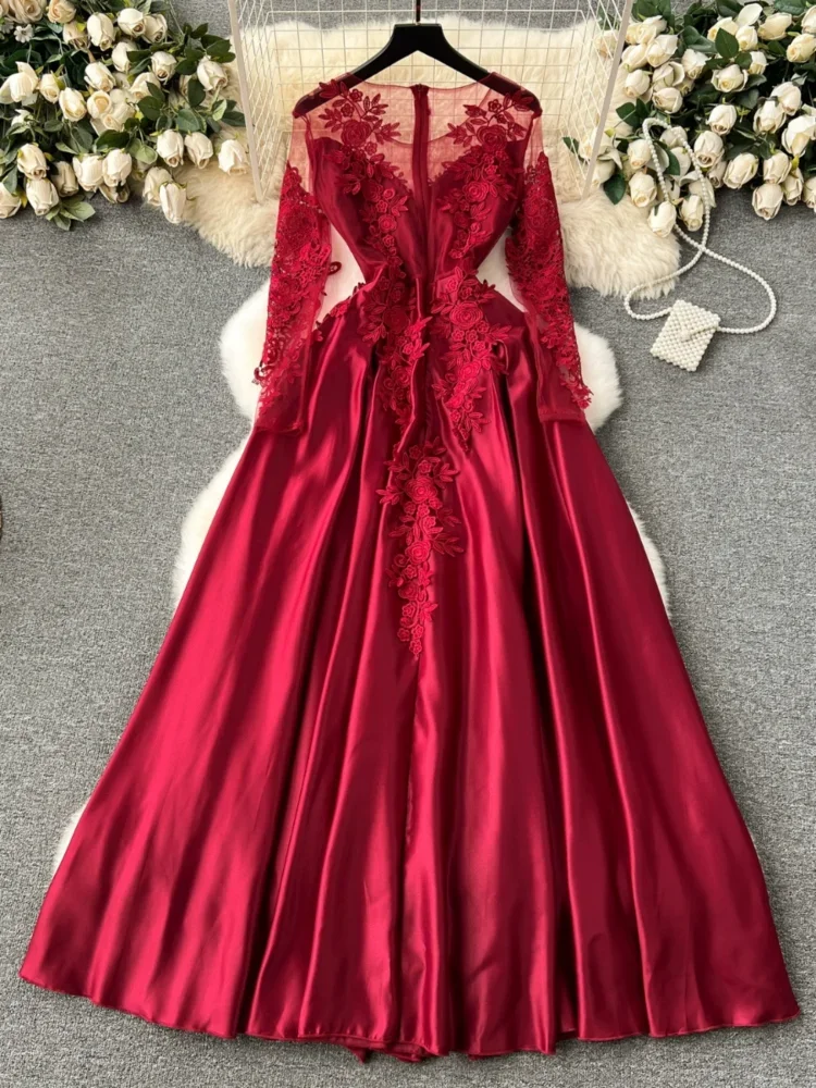 Women Elegant Evening Party Dress Vintage Embroidered Floral Mesh Long Sleeve Red Dresses Ladies Slim A-line Long Robe Vestidos