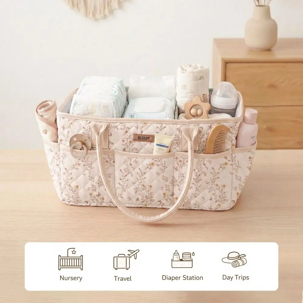 Large Capacity Diaper Organizer Floral Portable Nursery Storage Basket Newborn Essentials Diaper Storage Bag Outdoor Travel