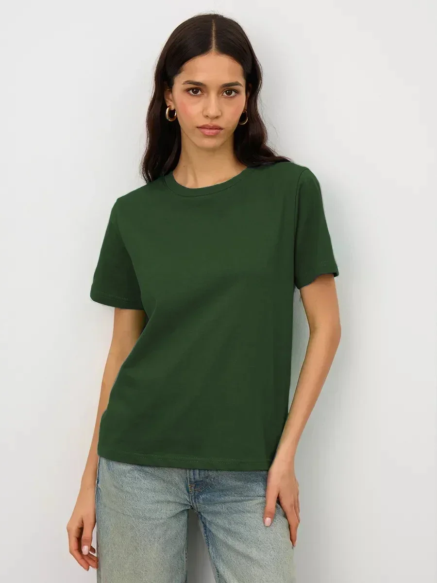 Sumuyoo Summer 100% Cotton Women's T-shirt Bottoming Basic Fashionable Lady Short Sleeve Loose Tops Shirts Solid 230g/㎡ Tops