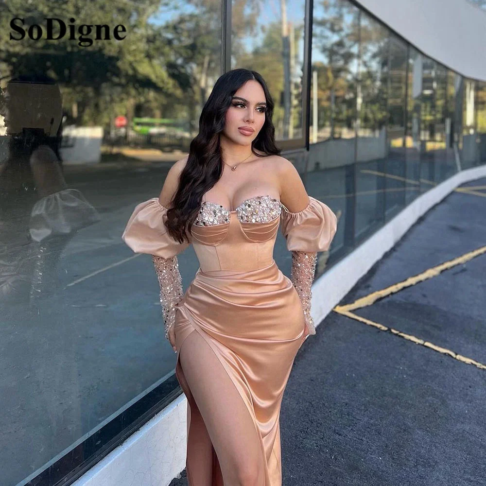 

SoDigne Mermaid Evening Dresses For Women Sequins Long Sleeves Slit Reception Banquet Party Dress Formal Occasion Gown