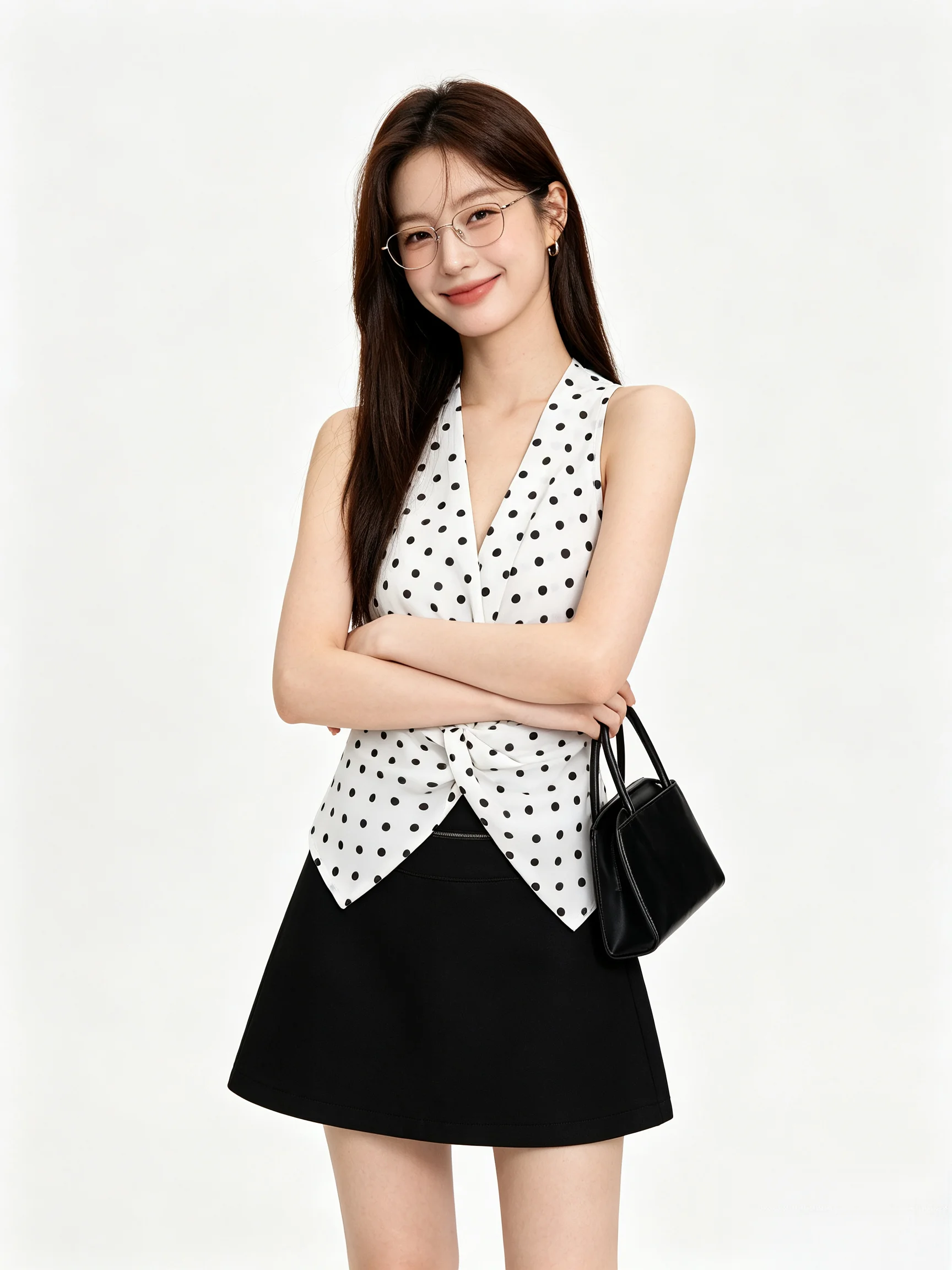Pure Desire Spicy Girl Polka Dot V Neck Hanging Neck Vest Design Sense Twist Thin Sleeveless Top Summer Fashionable