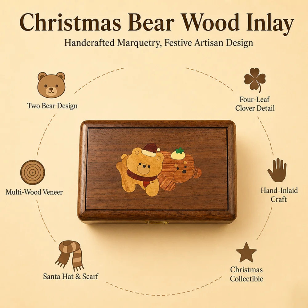 Wooden Music Box with Christmas Bear Pattern,  Jewelry Box, Xmas Birthday Keepsake Gift for Girlfriend