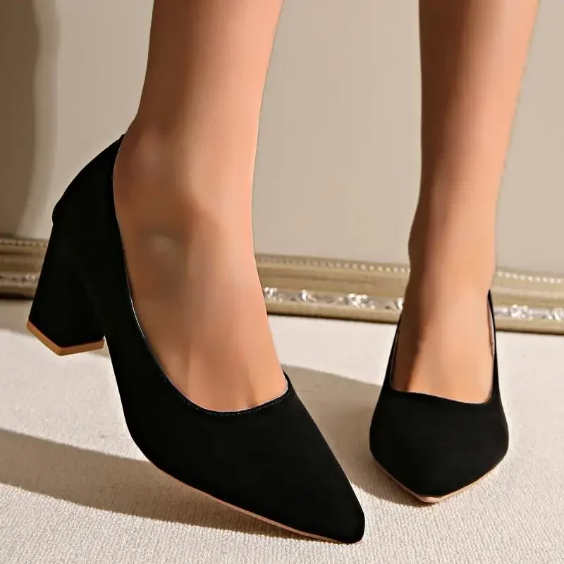 Rimocy Sexy Black Point Toe High Thick Heels Women\'s 2025 Spring Suede Leather Plus Size Pumps High-Quality Woman Office Heels