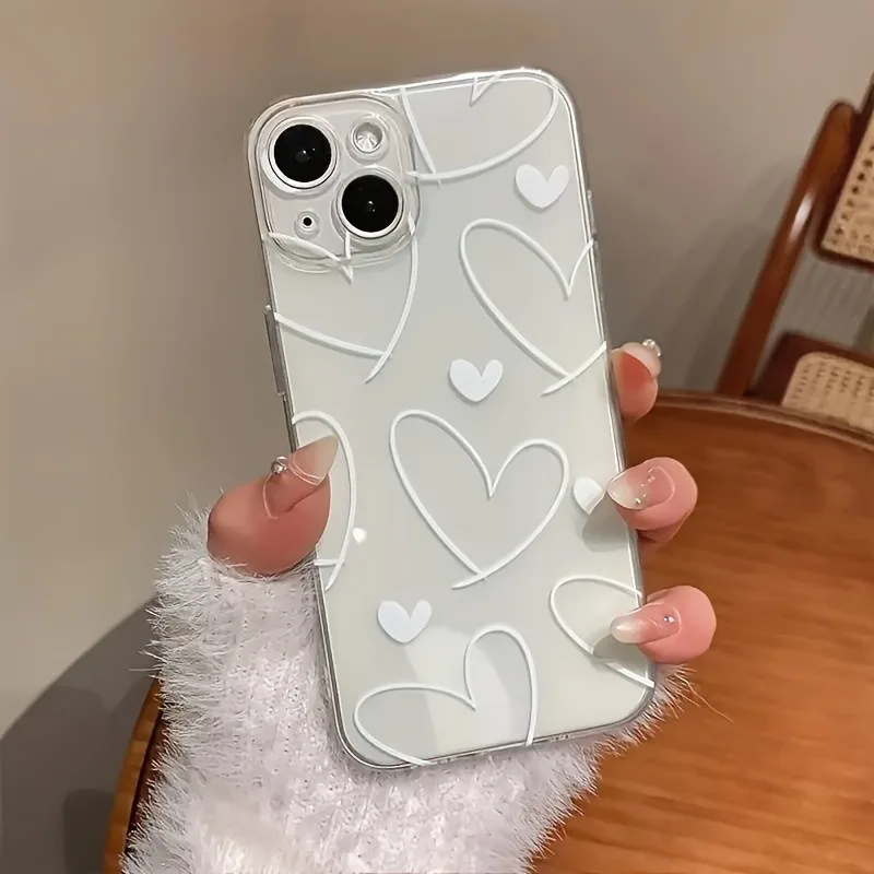 Nueva funda de teléfono de Tpu transparente de moda con patrón de corazón de línea blanca, adecuada para iPhone 17 Air Pro Max iPhone 16 15 14 13 12 11 XS Xr X 7 8 12/13 Mini Plus Pro Max Se cumpleaños/San Valentín/regalo para novio/novia