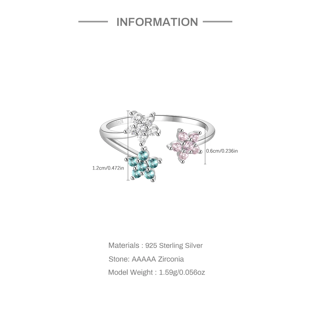 AIDE 925 Sterling Silver Cute Assorted Colorful Cubic Zirconia Flowers Open Rings For Women Lovely Adjsutable Ring Party Jewelry