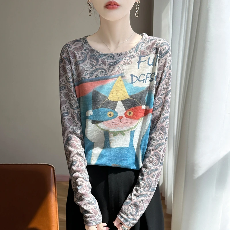 

2026 Spring and Autumn Plus Size Loose and Slim New Printed Comfortable Long Sleeve Summer T-shirt