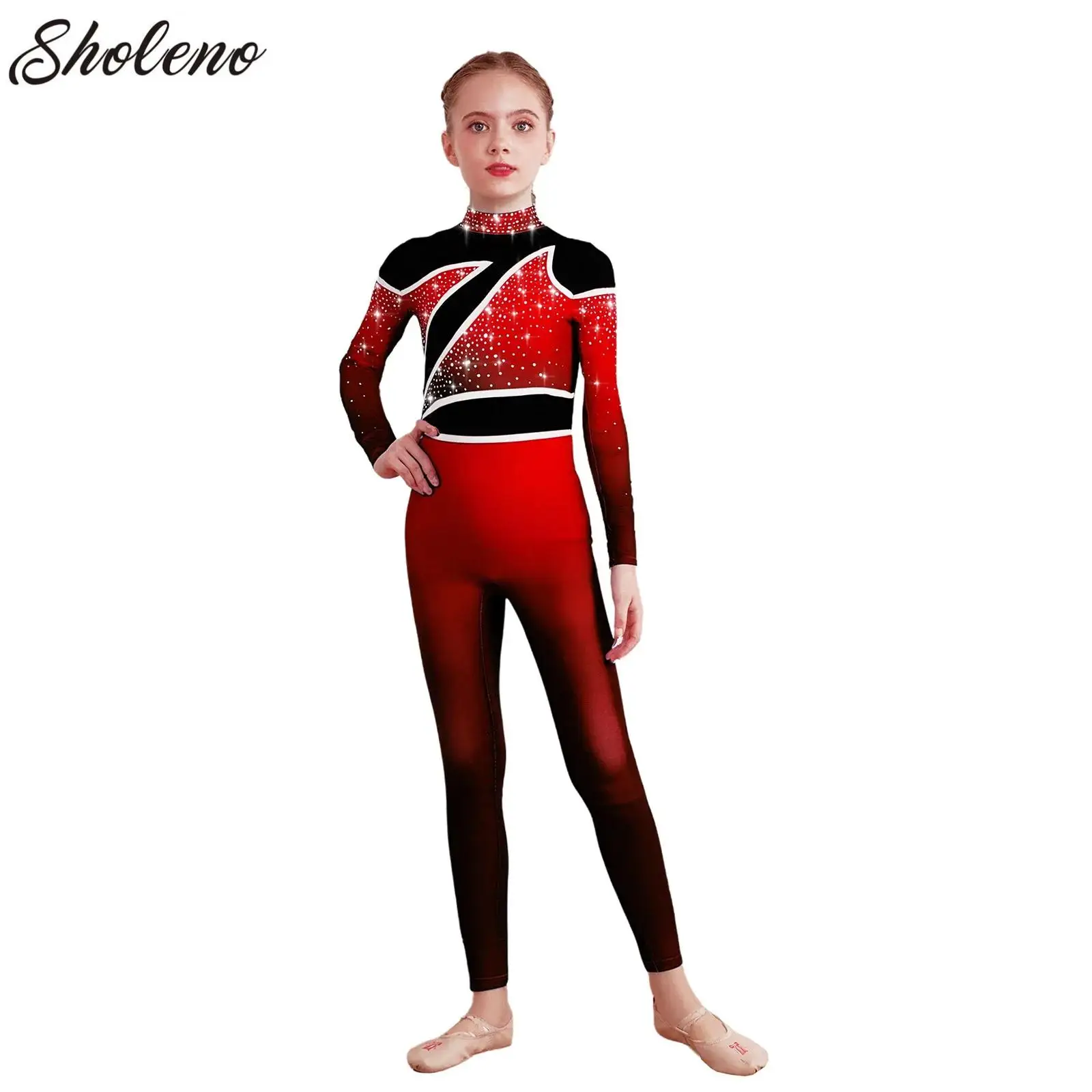 

Teens Dance Gymnastics Jumpsuits Kids Shiny Rhinestone Figure Skating Bodysuit Girls Long Sleeve Ballet Dance Full Body Unitards