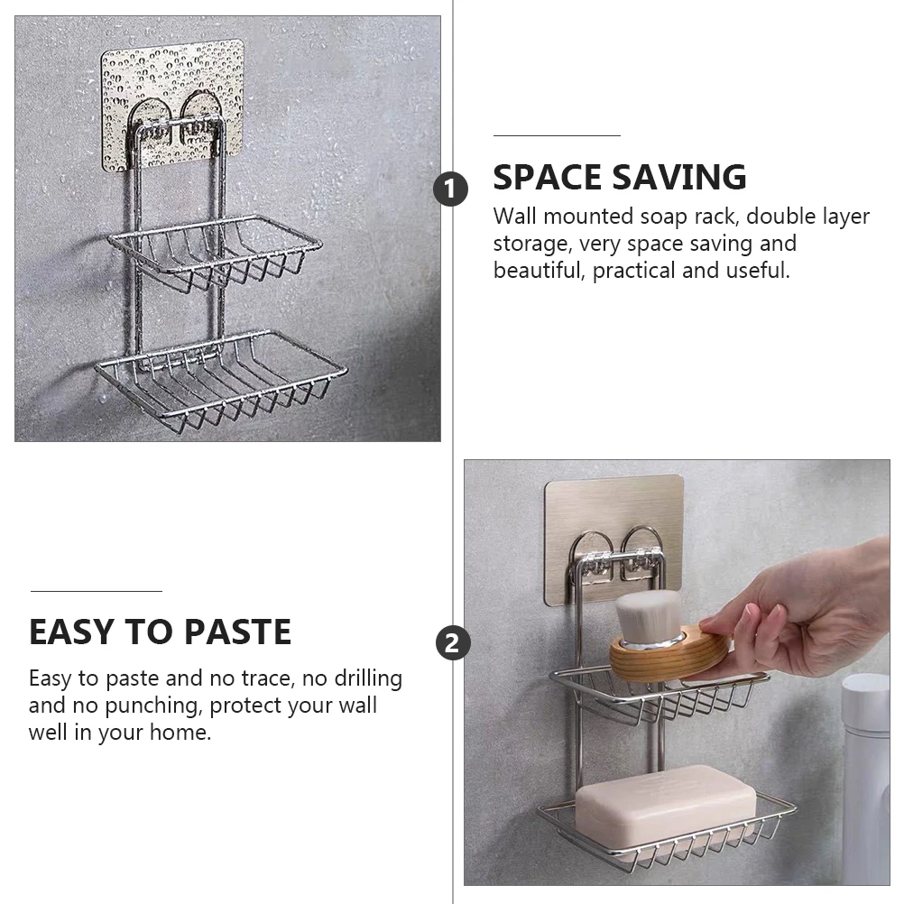

Double Layer Soap Rack Stainless Steel Waterproof Wall Mounted Storage Shelf Drill Free Soap Dish Holder For Sponge Space Saving