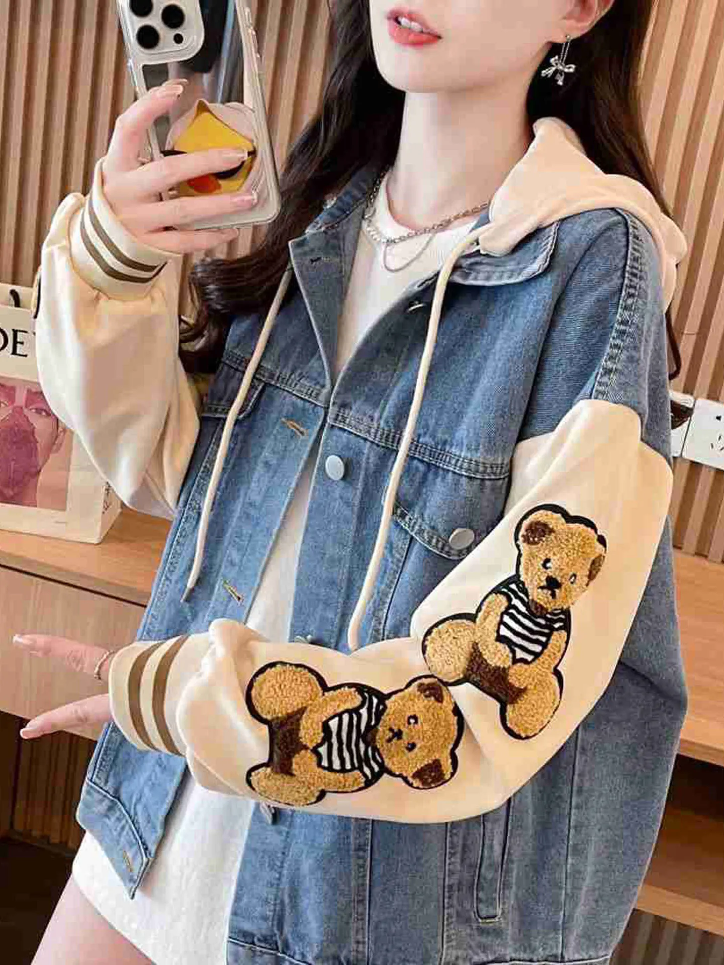 Loose Women's Denim Jacket Spring Autumn 2026 New Style Casual Open Cardigan Top Color Block Lazy Style Hooded Coat