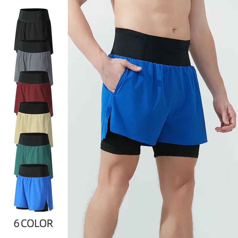 Summer shorts men's outdoor marathon racing shorts, fake two-piece breathable unisex sports shorts