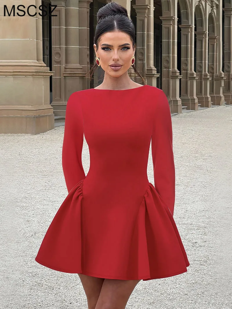 

MSCSZ Elegant Long Sleeve Party Dresses For Women Boat Neck Pleated A-Line Mini Dress Fashion Red Christmas Dress Women