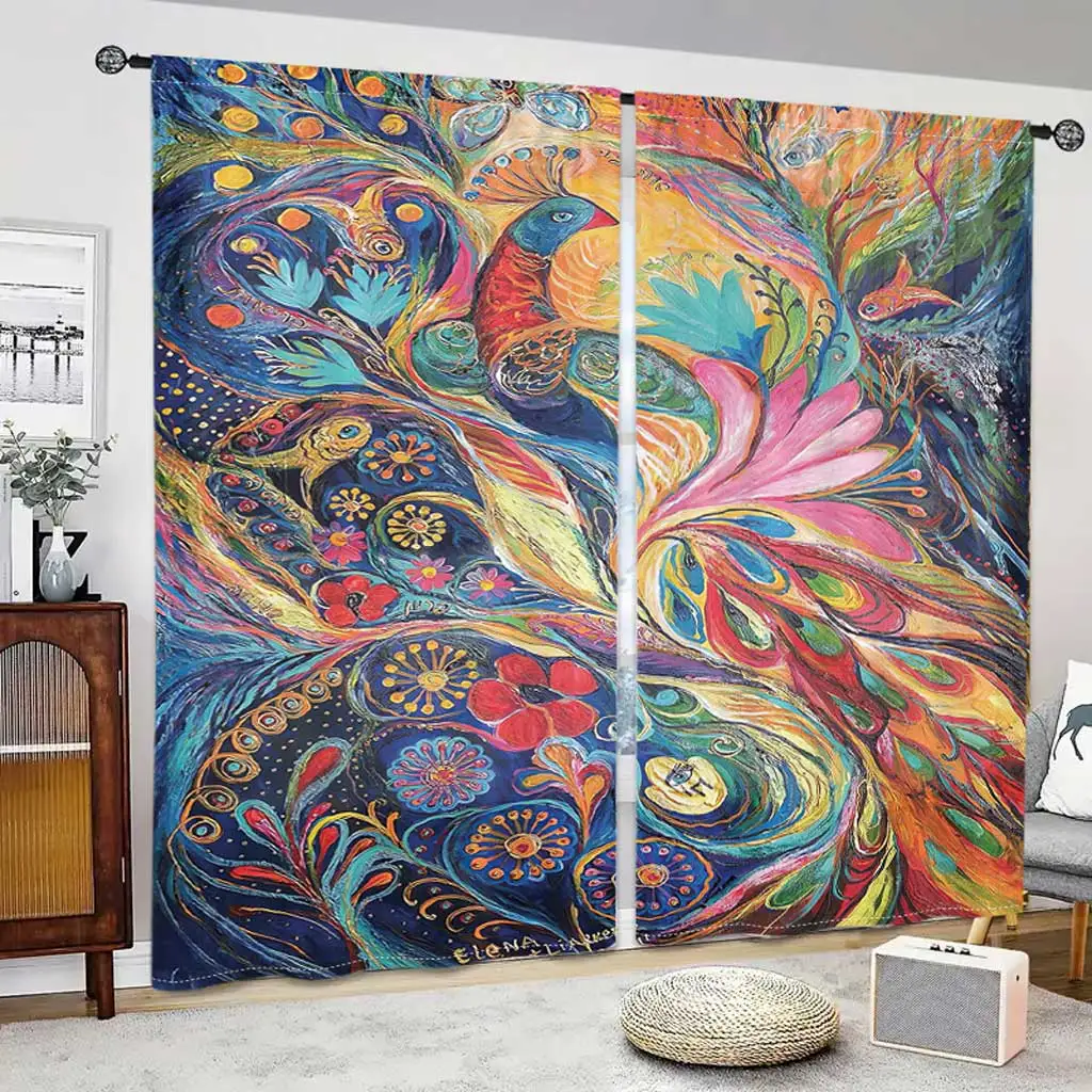 Colorful Peacock Print Window Curtain, Suitable for Kitchen, Coffee Shop, Living Room, Balcony, Home Decoration, 2 Pcs