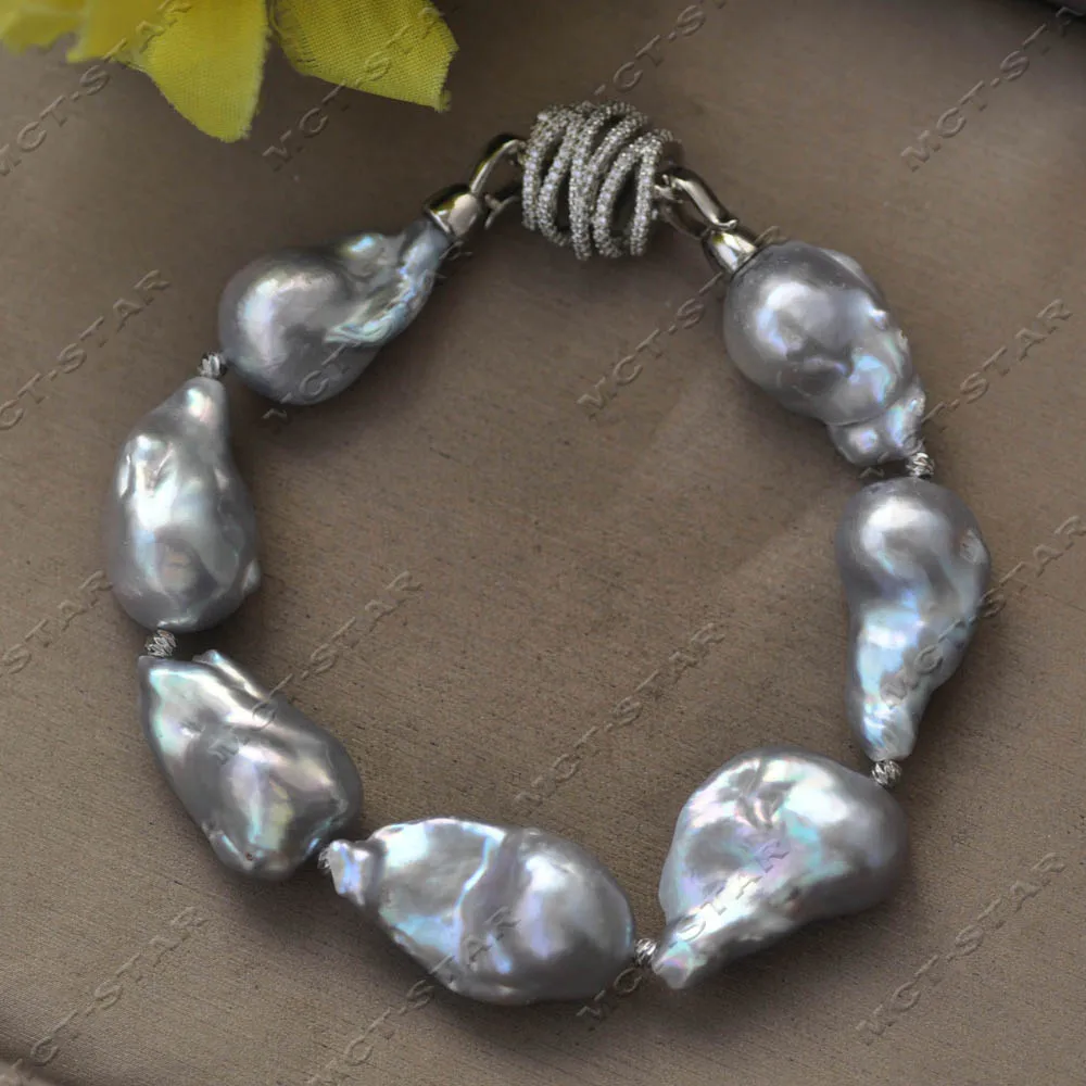 

Z14443 8'' 25mm Gray Drop Baroque Keshi Reborn Pearl Bracelet Honey Pot CZ