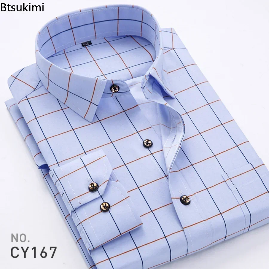 New 2024 Men\'s Plaid Shirts Long Sleeve Spring Autumn Thin Male Casual Shirt Man Printed Dress Shirt Stripe Business Shirts Male