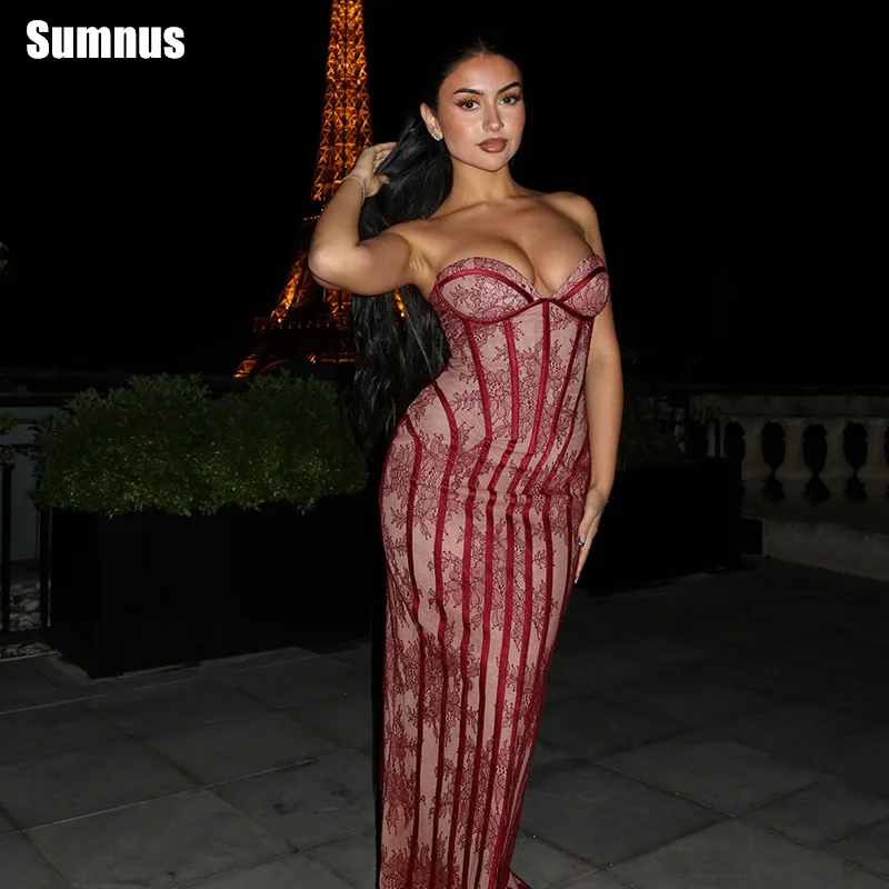 

Sumnus Elegant Red Mermaid Prom Dresses Lace Sweetheart Sleeveless Maxi Bodycon Evening Dress Women Party Dresses Customized
