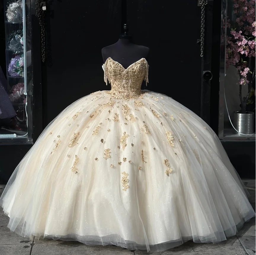 Khaki Exquisite Quinceanera Dresses 2024 Glitter Beaded Gold Applique Mexican Tulle Puffy Princess Dress robe de soirée